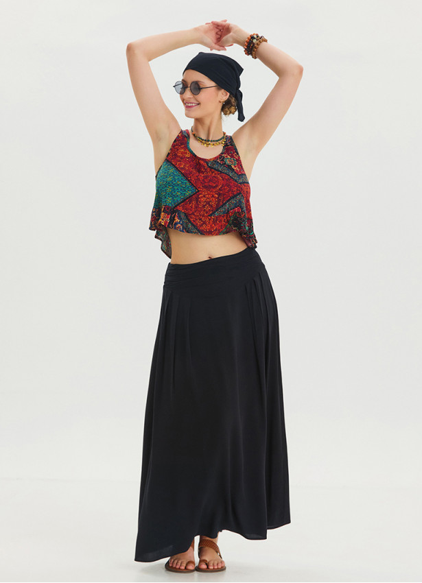 Black Long Skirt with Elastic Waist and Drape Detail 4493